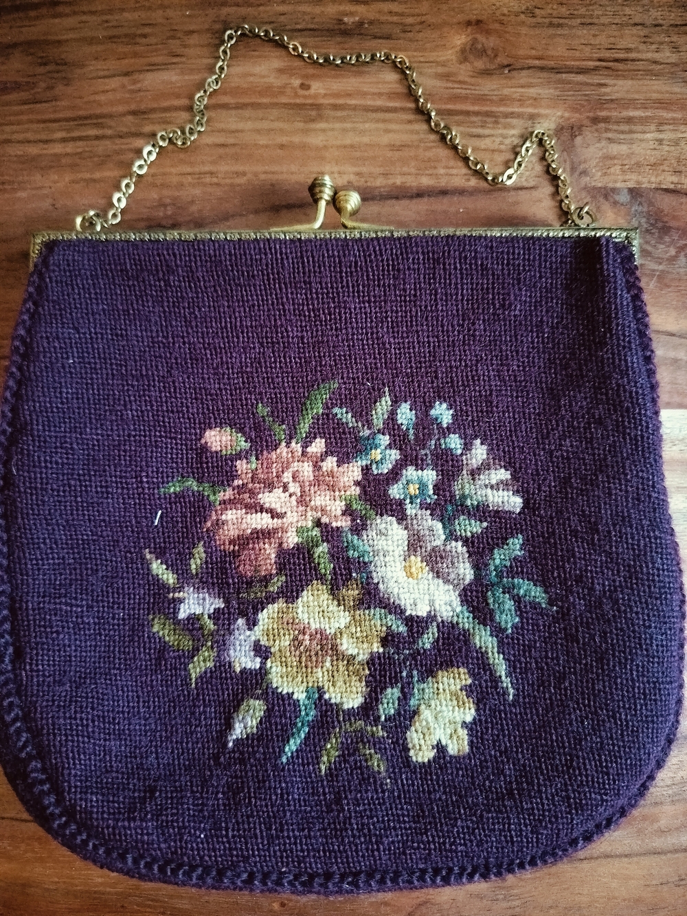 Vintage Purple Floral Needlepoint Shoulder Bag